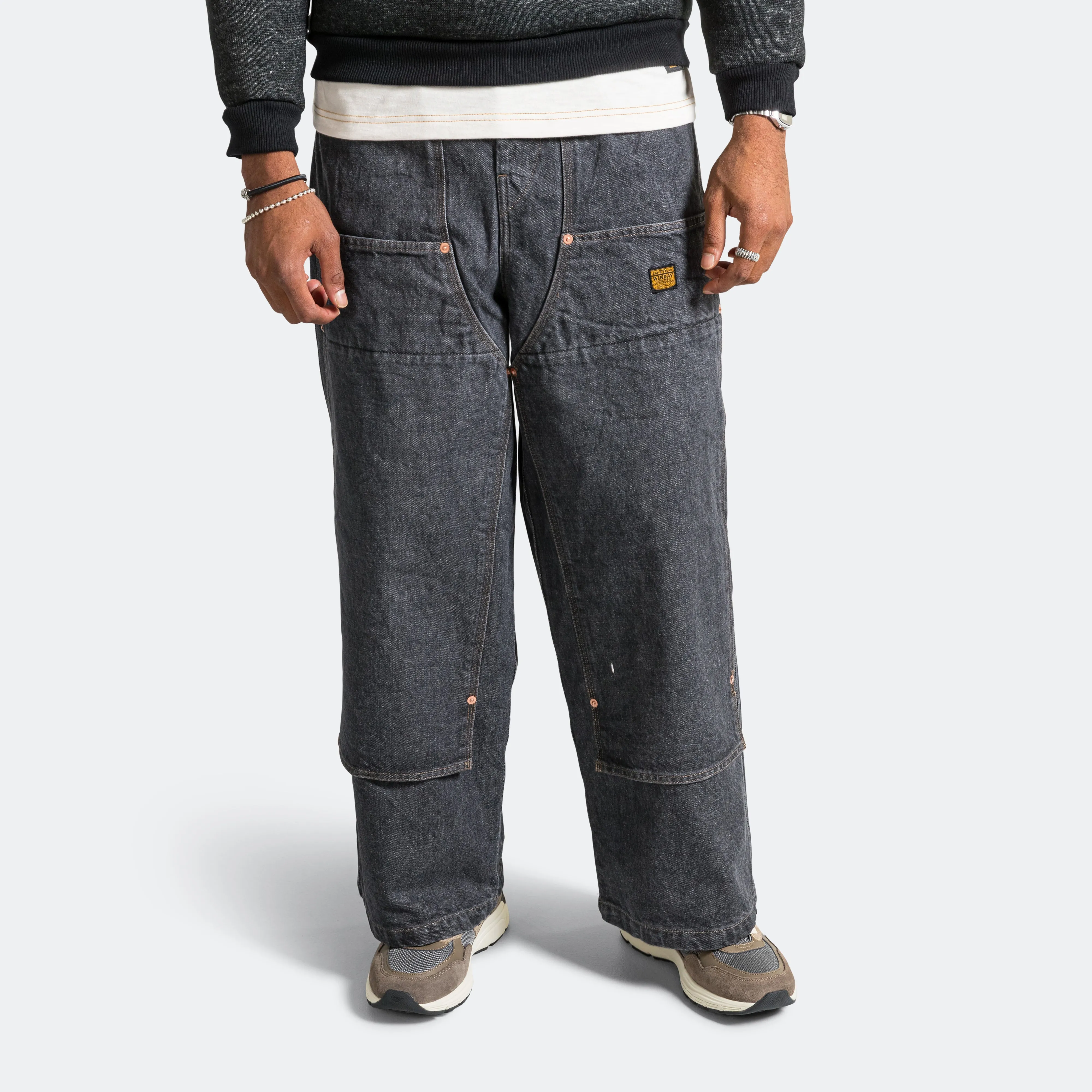 14oz BLKxECR Denim W-Knee EASY Pants - Black