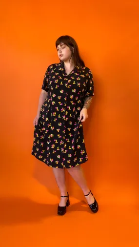 1990s Black Painterly Floral Dress, sz. 3XL