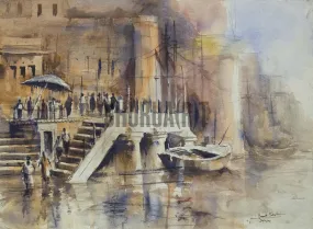 A beautiful painting of a ghat in Banaras