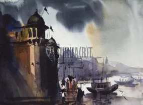 A beautiful painting of a ghat in Banaras