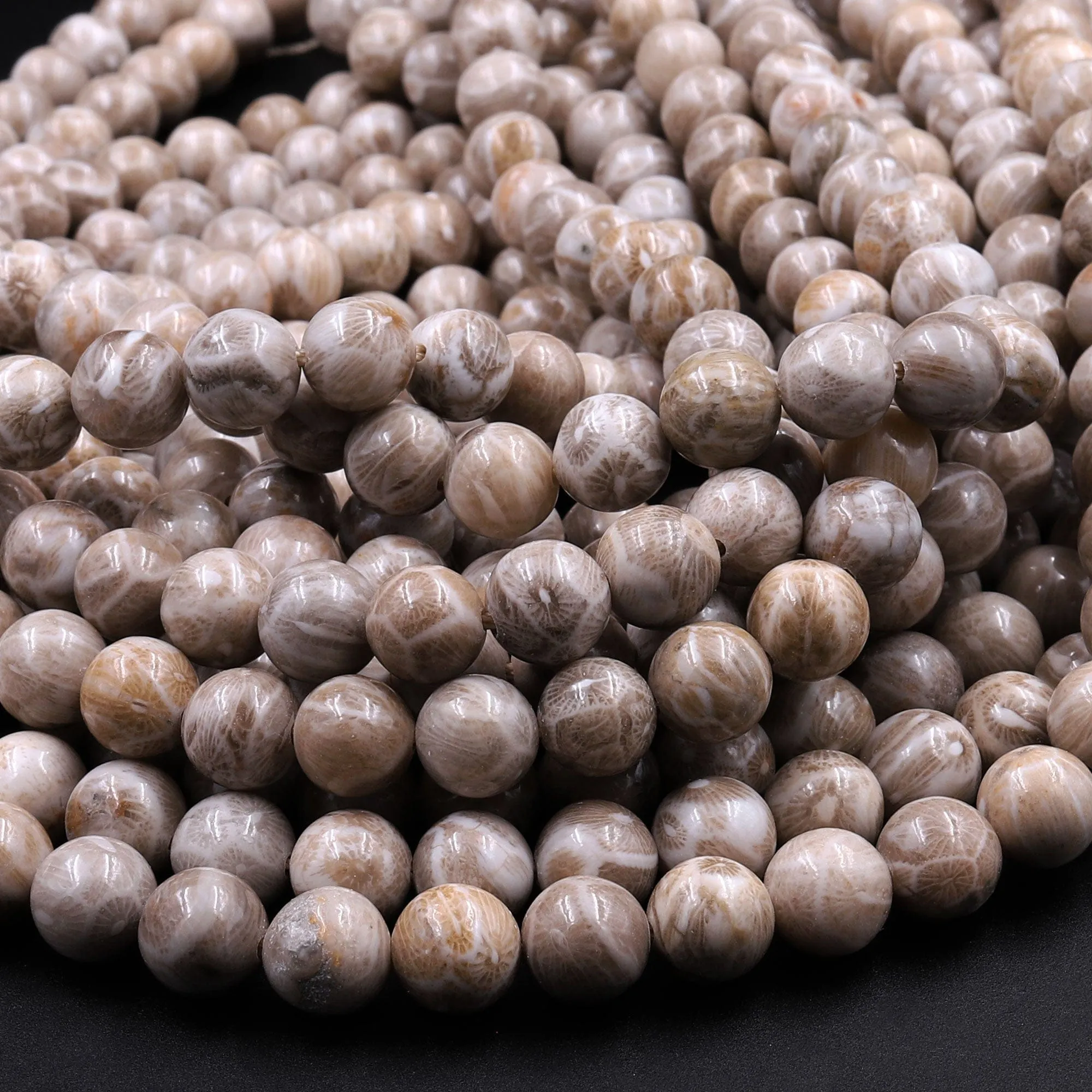 A  Natural Michigan Petoskey Stone Fossil Coral Round 6mm  8mm 10mm 12mm Round Beads Earthy Gray Brown Tan Beige Beads 16" Strand