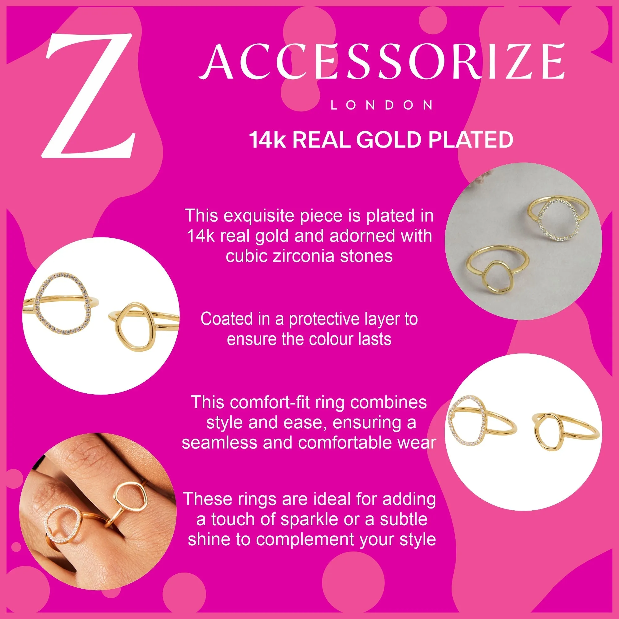 Accessorize London Women's Z Real Gold-Plated Cubic Zirconia Sparkle Pebble Rings Pack Of Two-Small