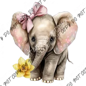 Baby Elephant with Pink Bow and Yellow Flower Watercolor DTF Transfer