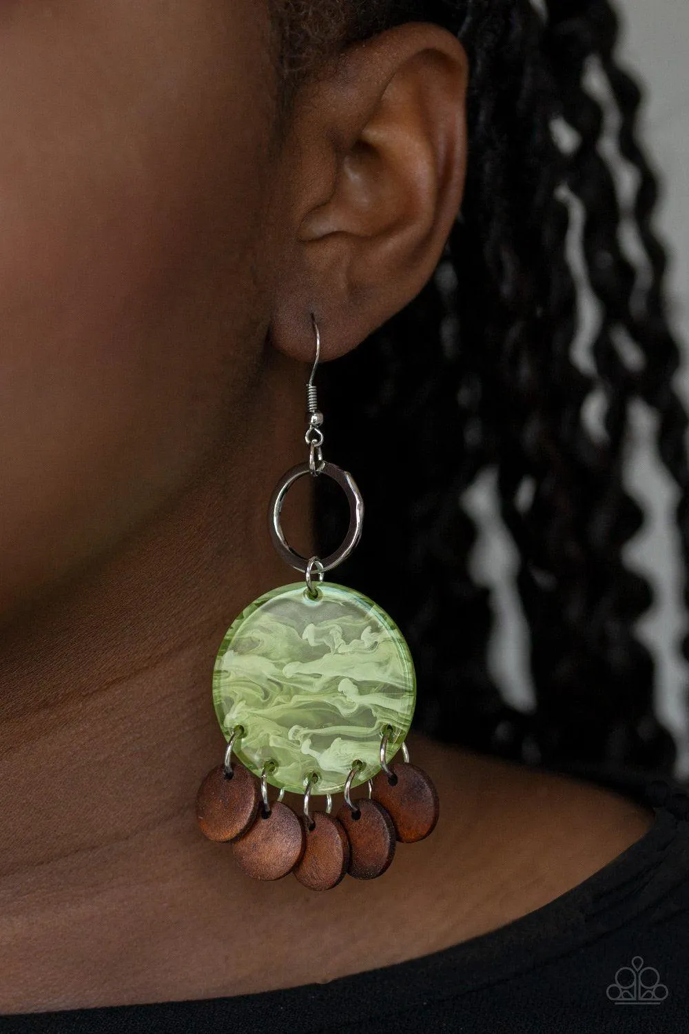 Beach Waves Green Acrylic and Brown Wood Earrings - Paparazzi Accessories