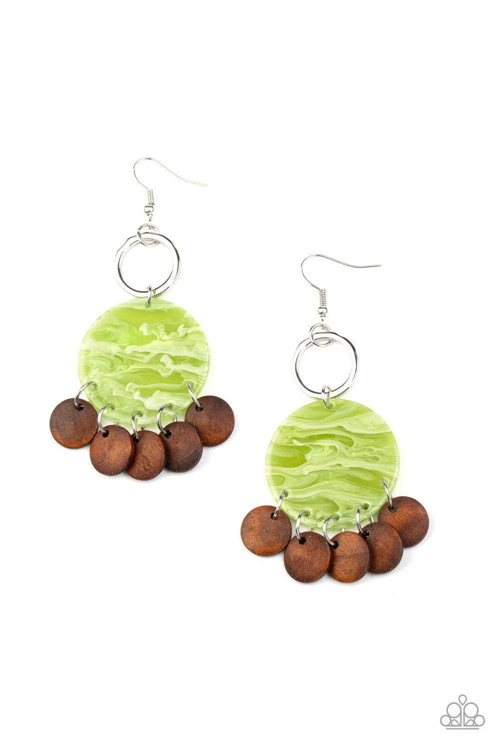 Beach Waves Green Acrylic and Brown Wood Earrings - Paparazzi Accessories