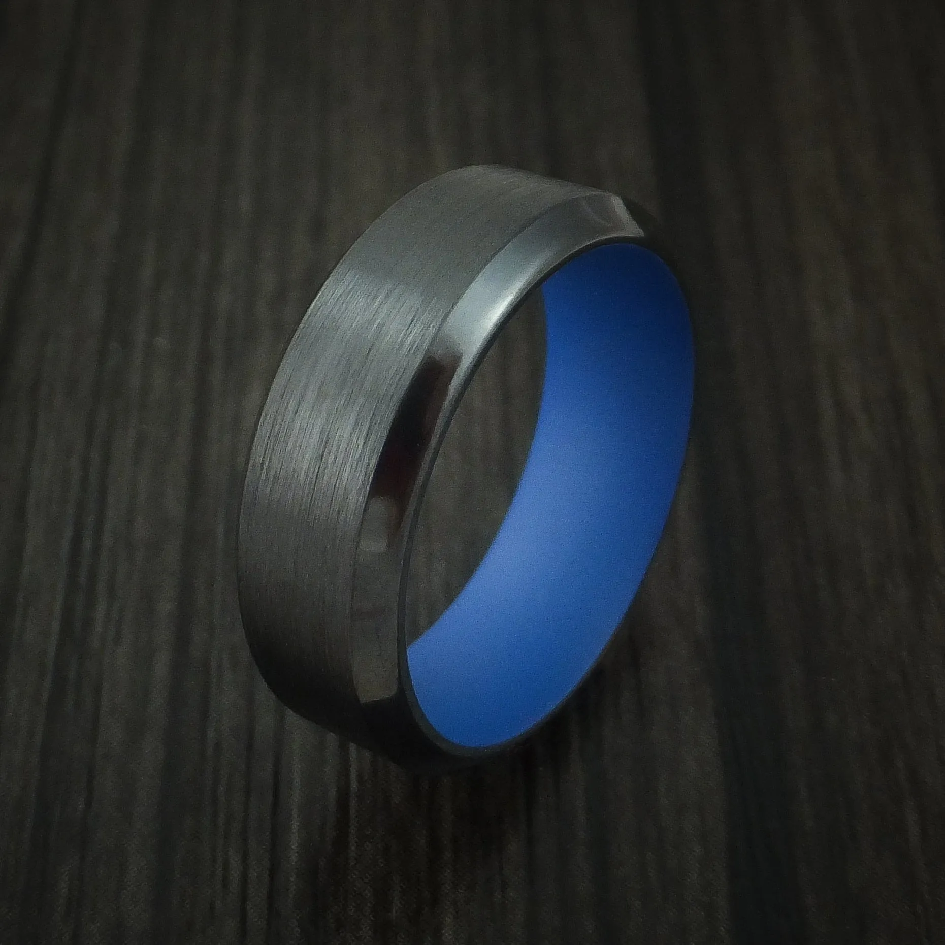 Black Titanium Men's Ring with Ridgeway Blue Cerakote Sleeve Custom Made Band