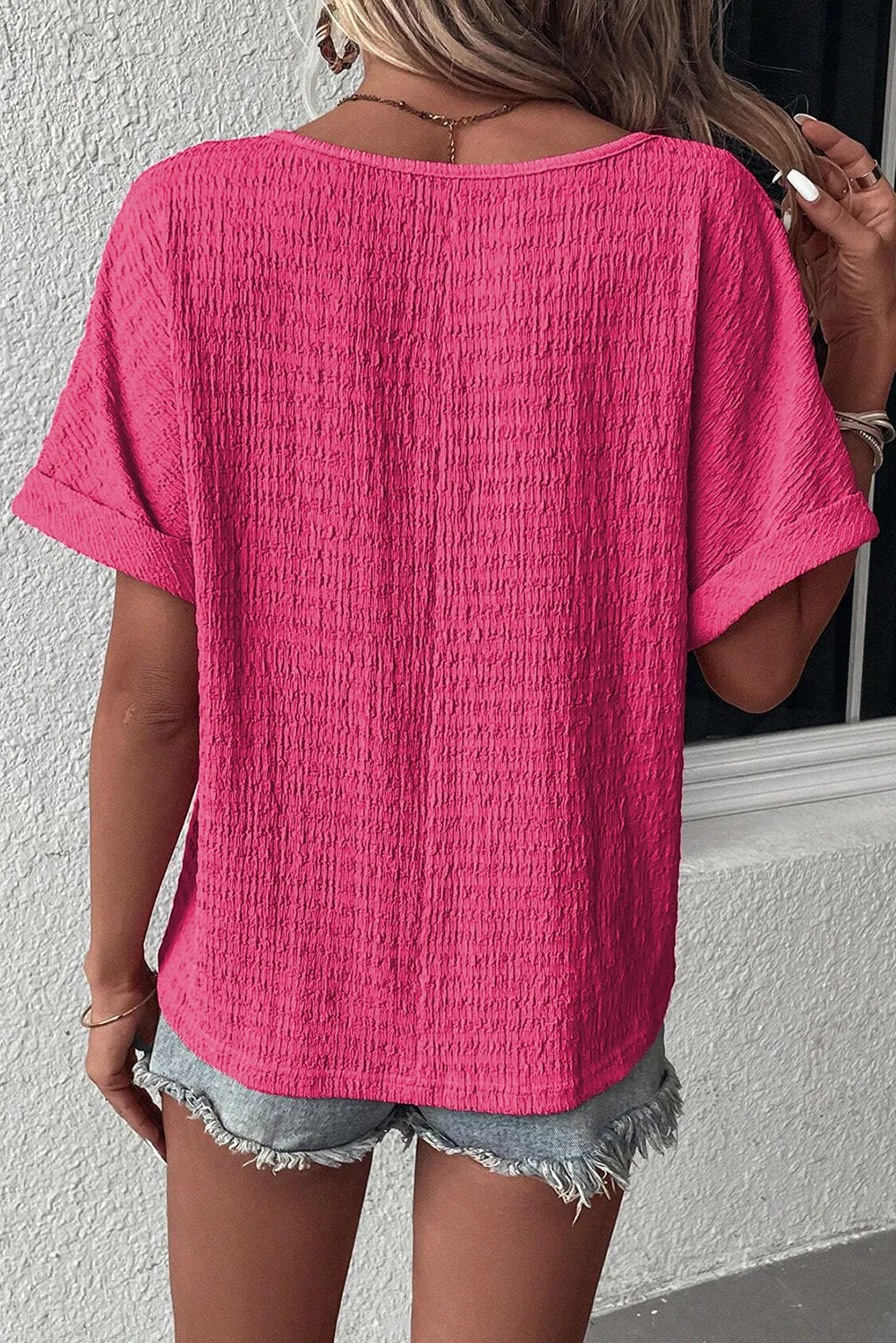 Bright Pink Textured Rolled Short Sleeve V Neck Top