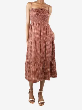 Brown shirred polka dot dress - size UK 6