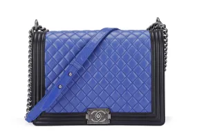 Chanel Le Boy 30cm (1800xxxx) Large Size, Blue with Black Trim Lambskin, Ruthenium Chain, with Card, no Dust Cover