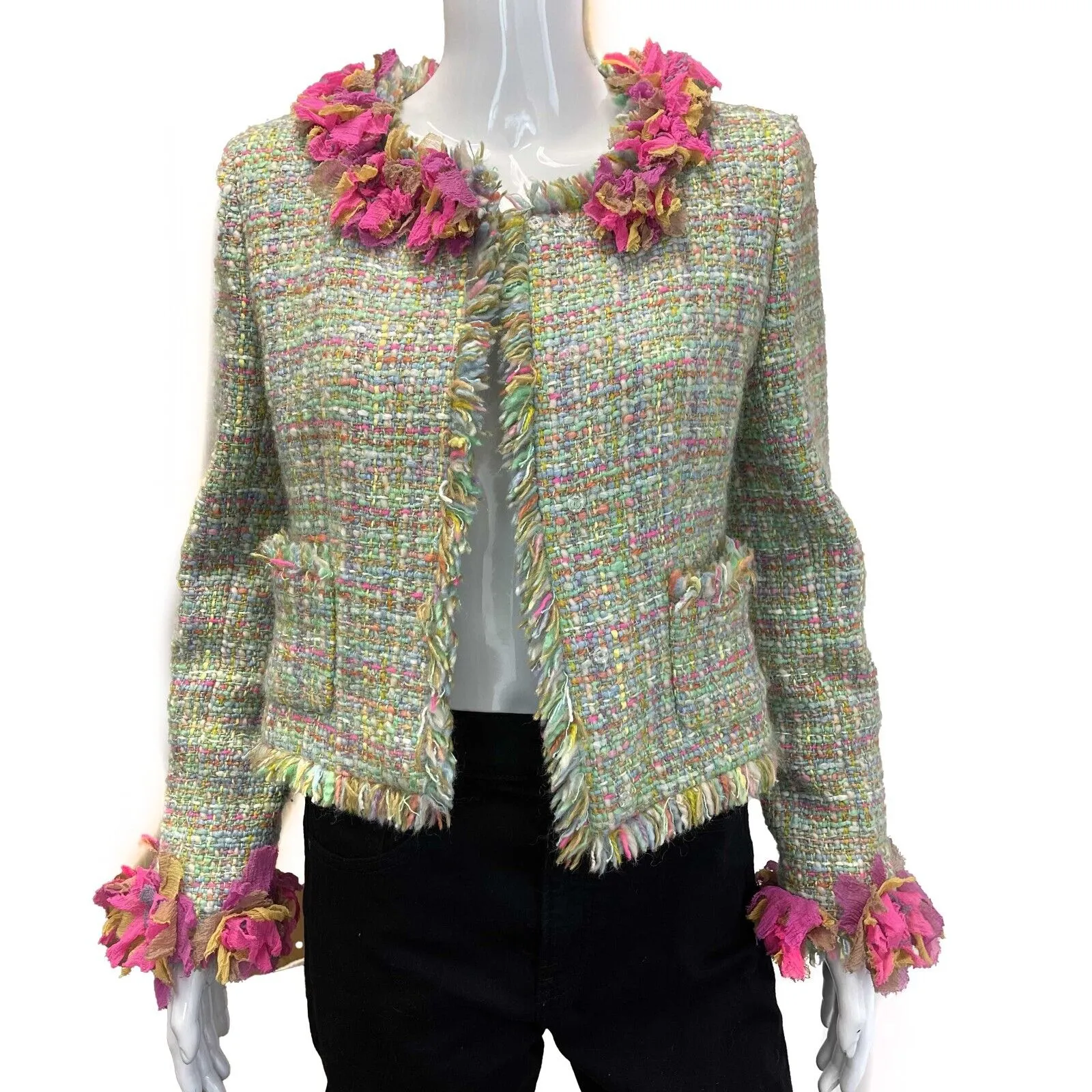 CHANEL - Tweed Jacket Ripped Flower Trim Fringe - Mint Green FR 38 US 6