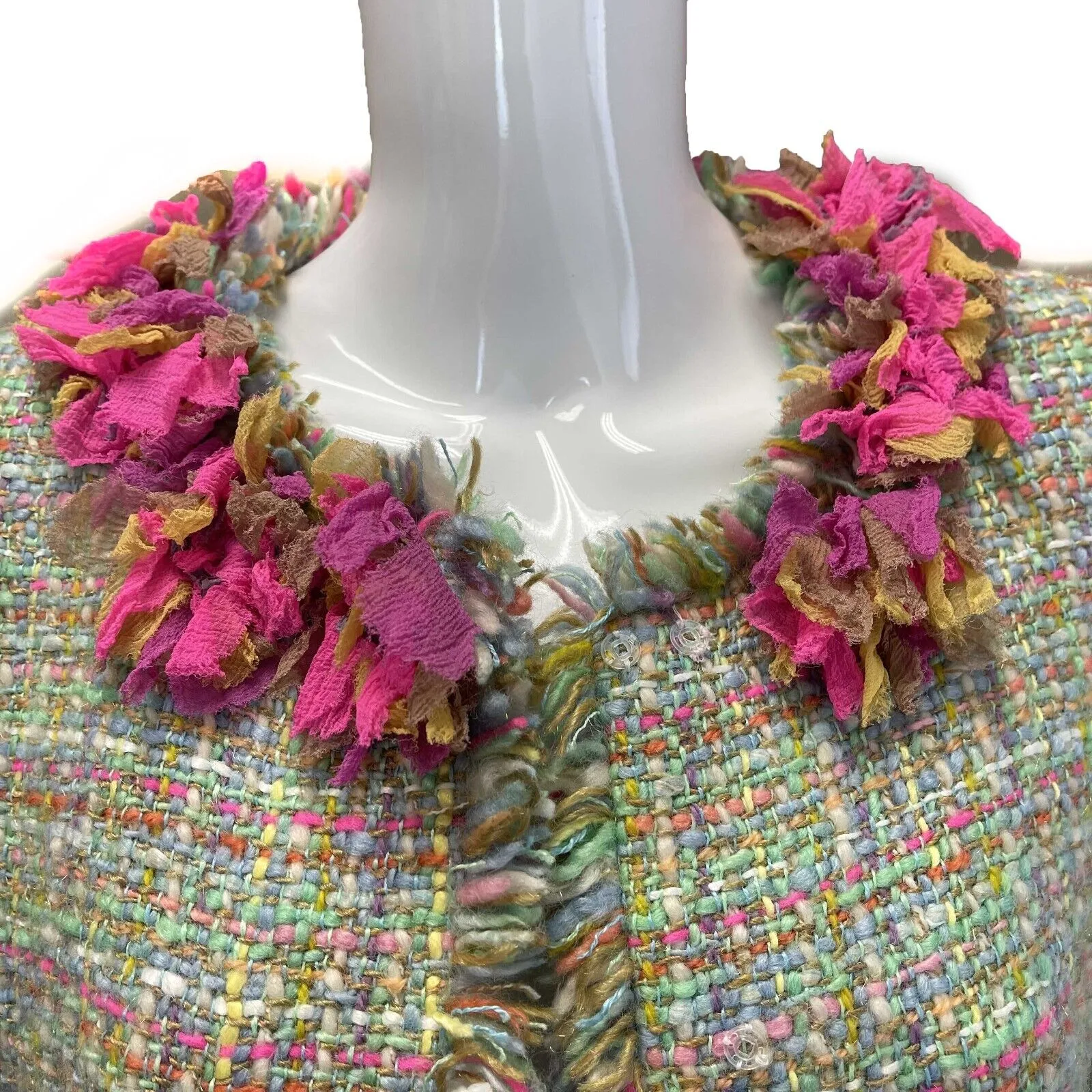 CHANEL - Tweed Jacket Ripped Flower Trim Fringe - Mint Green FR 38 US 6