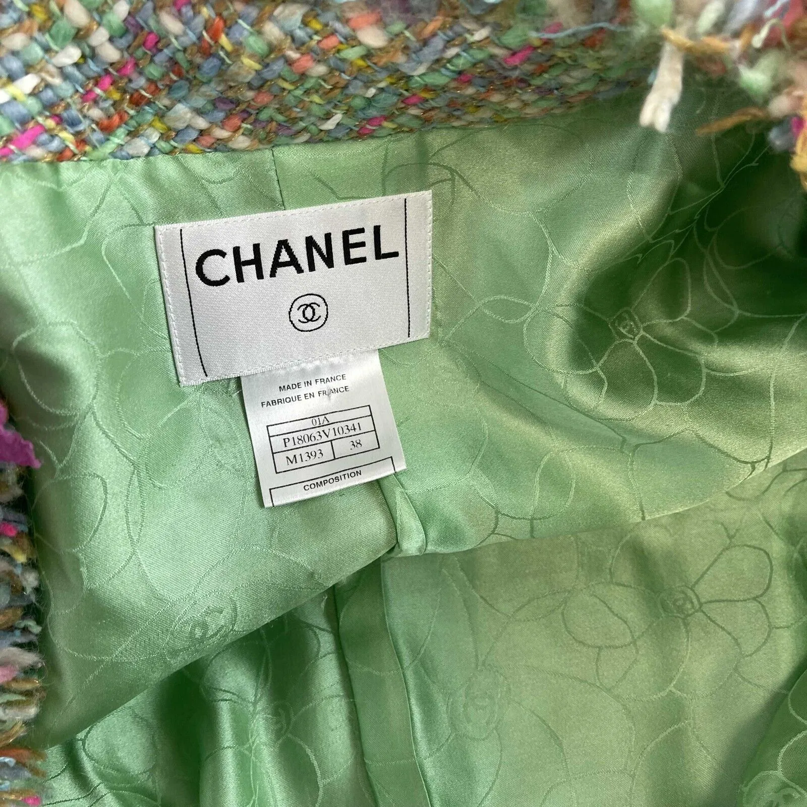 CHANEL - Tweed Jacket Ripped Flower Trim Fringe - Mint Green FR 38 US 6