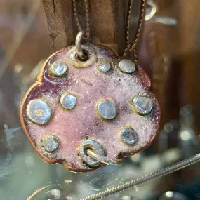 Copper, pink enamel disc necklace with silver dots