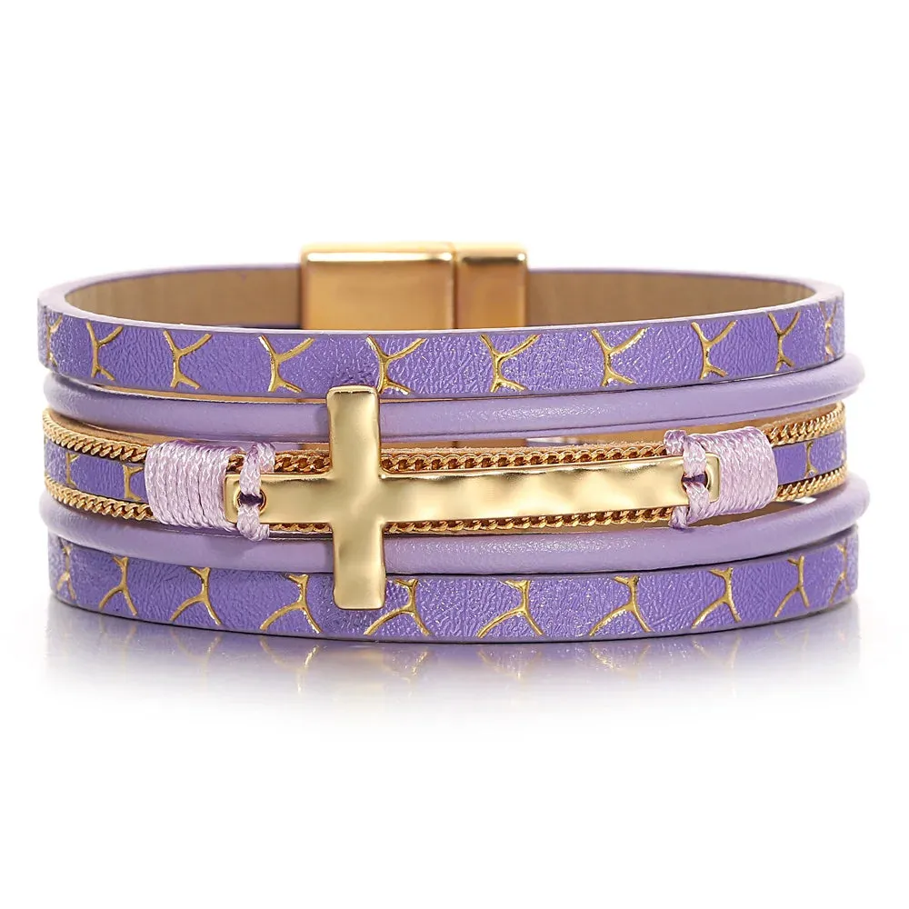 'Cross' Charm Cuff Bracelet - purple