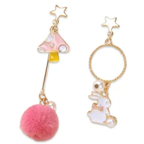 Earrings - Mismatched mushroom, rabbit, pom pom drops