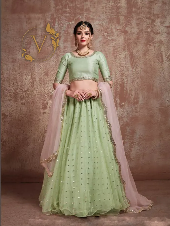 Embellished Net Lehenga in Pastel Green