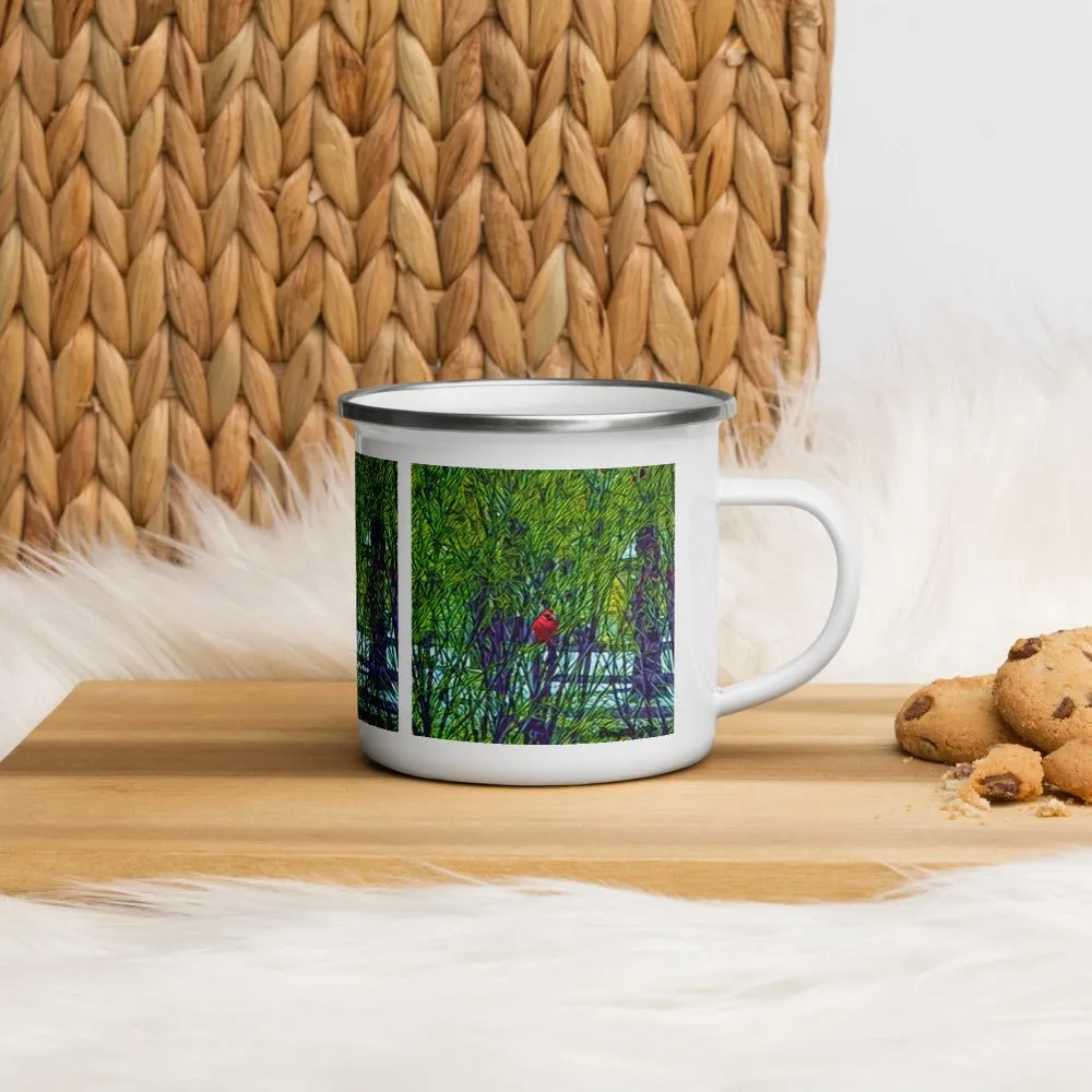 Enamel Mug with Spring Trees and Cardinal Design. Coffee Cup with Bright Red Bird.