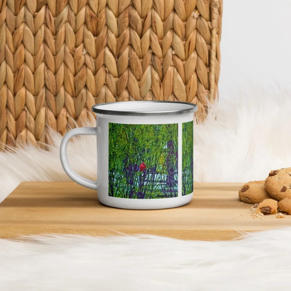 Enamel Mug with Spring Trees and Cardinal Design. Coffee Cup with Bright Red Bird.