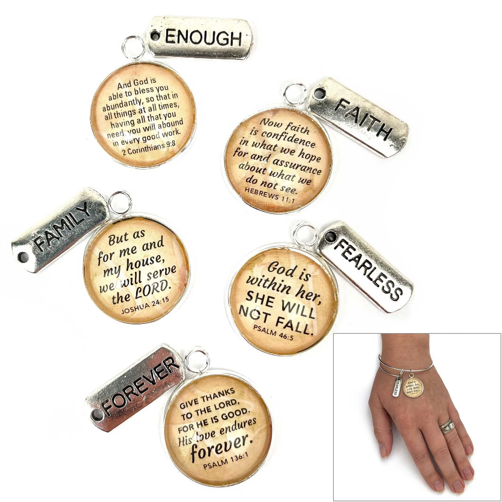 Enough, Faith, Family, Fearless, Forever, Word Scripture Charm Bangle Bracelet - Christian Affirmations Jewelry, Silver