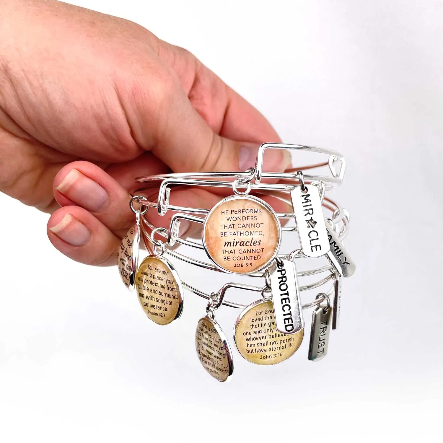 Enough, Faith, Family, Fearless, Forever, Word Scripture Charm Bangle Bracelet - Christian Affirmations Jewelry, Silver