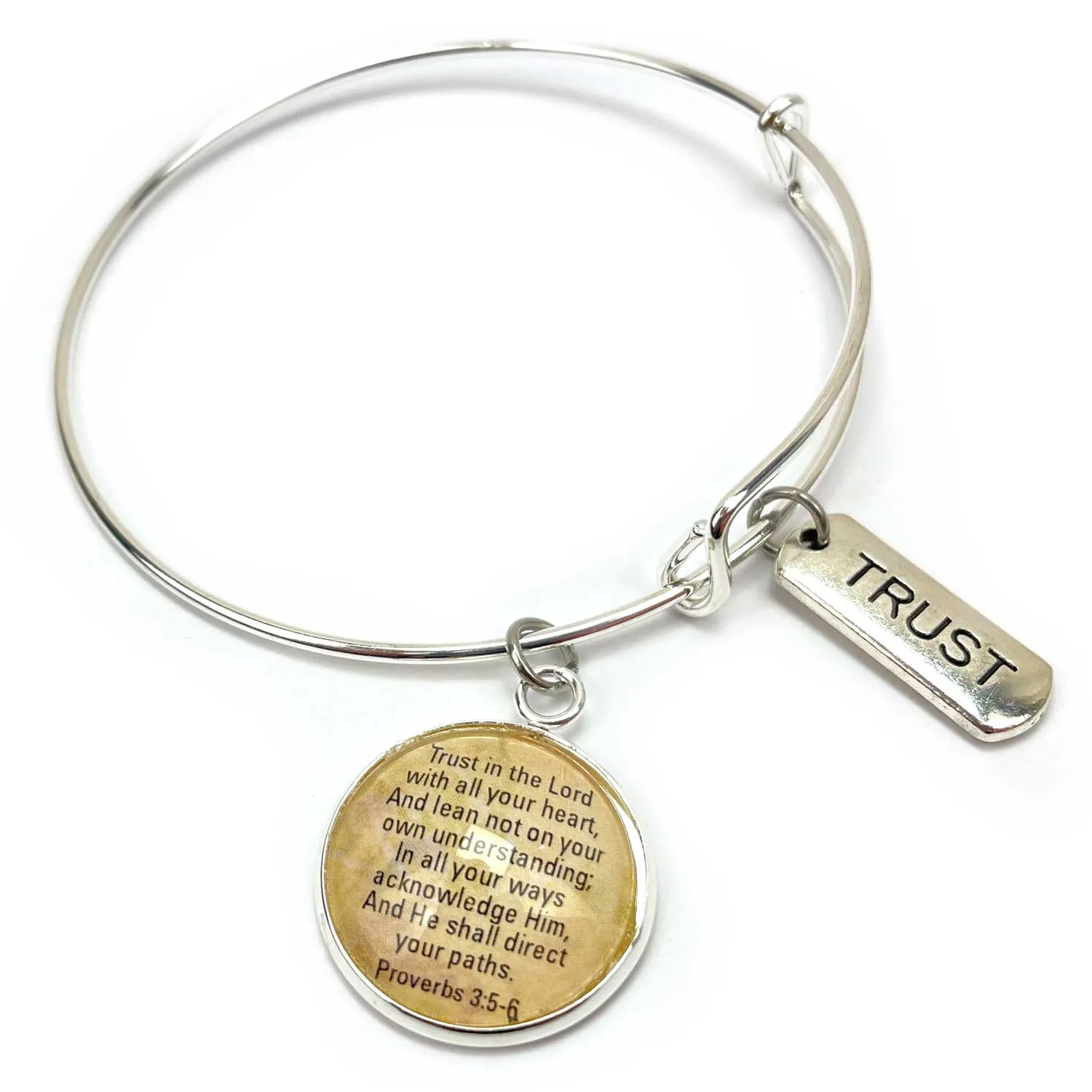 Enough, Faith, Family, Fearless, Forever, Word Scripture Charm Bangle Bracelet - Christian Affirmations Jewelry, Silver