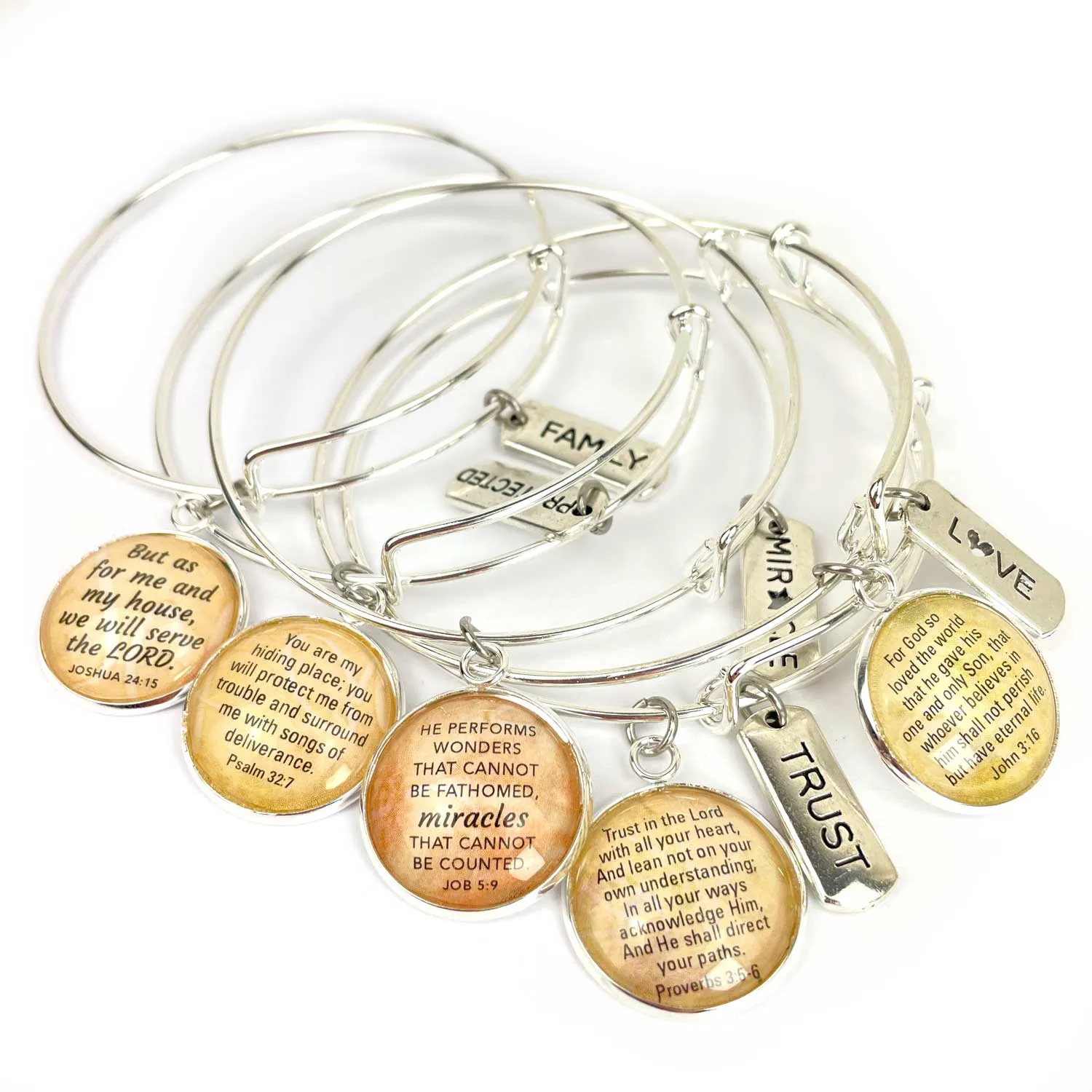 Enough, Faith, Family, Fearless, Forever, Word Scripture Charm Bangle Bracelet - Christian Affirmations Jewelry, Silver