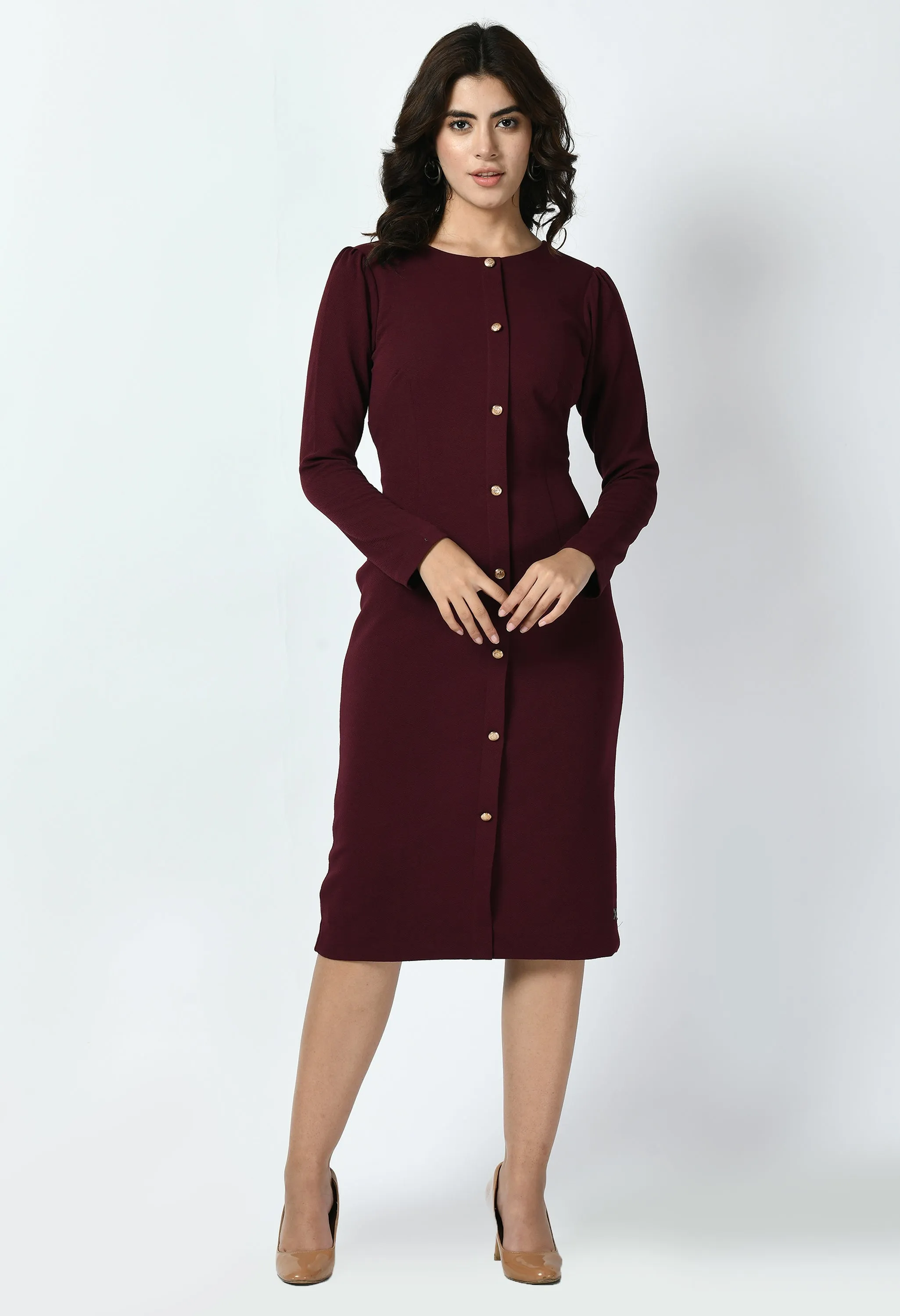 Exude Acme Button Down Midi Sheath Dress (Wine)