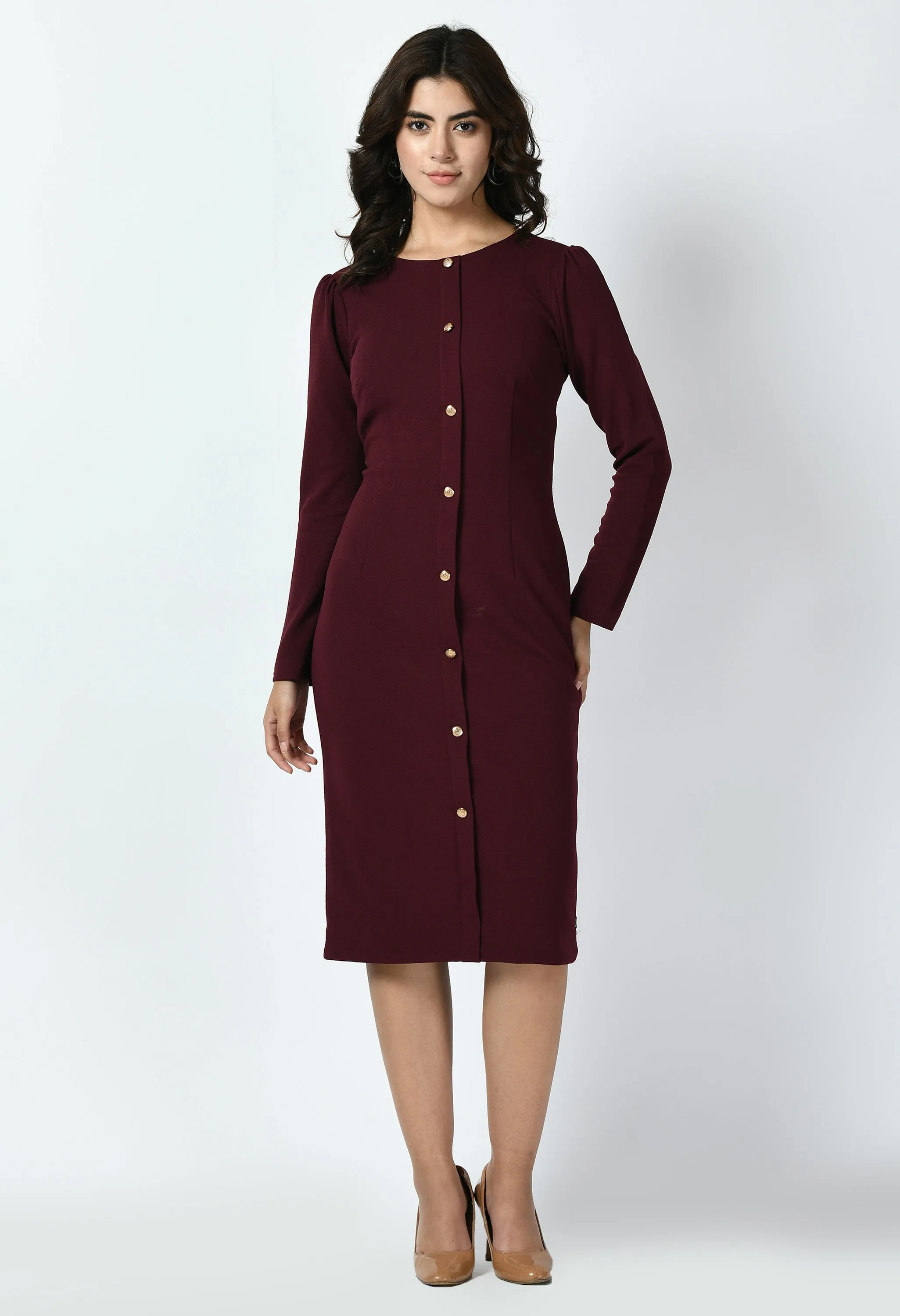 Exude Acme Button Down Midi Sheath Dress (Wine)