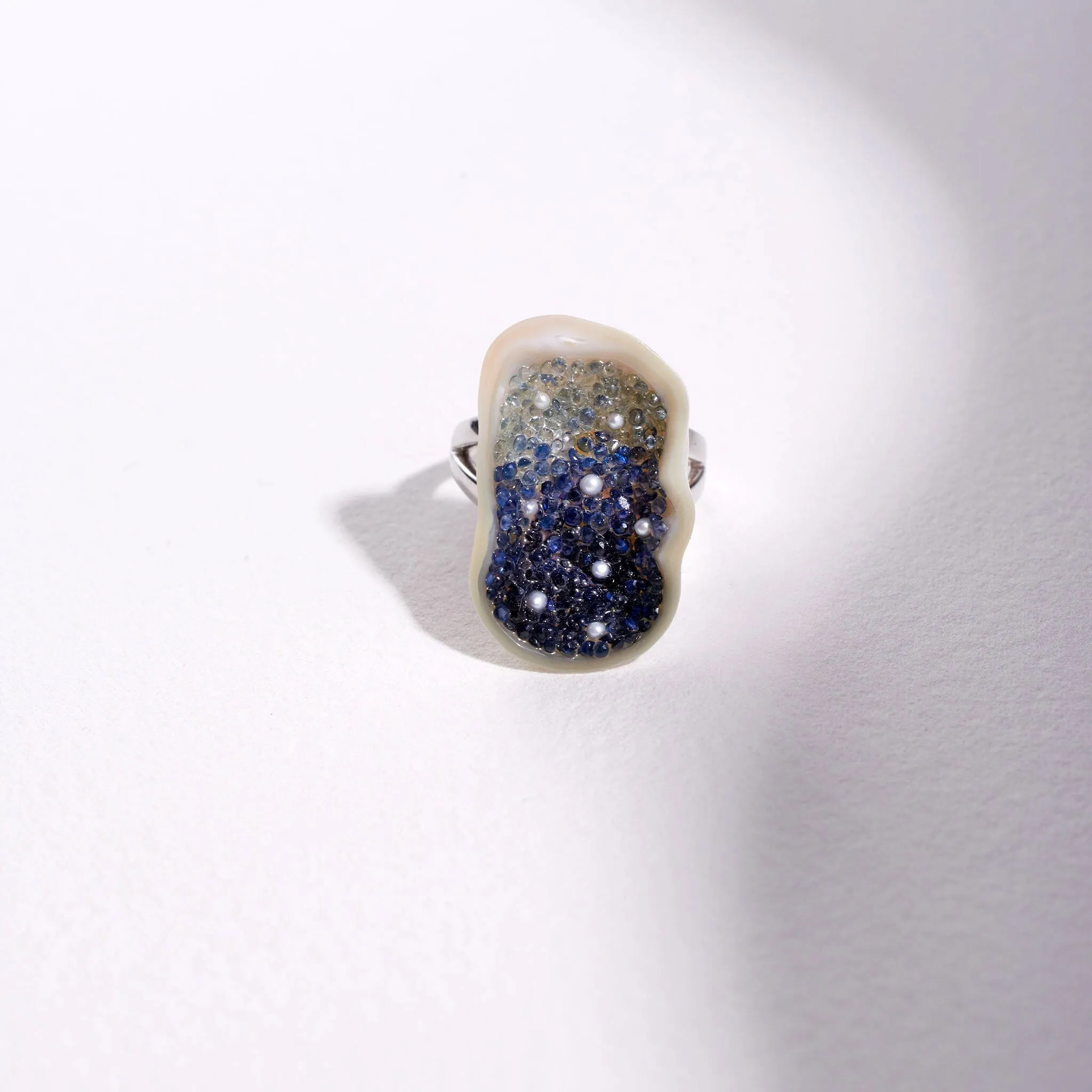 Freshwater Soufflé Pearl Geode Ring with Blue Sapphire Ombré Accented with Seed Pearls