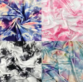 FS113 Clouds Tie Dye Scuba Velvet & Spandex Stretch Knit Fabric Blue Purple Pink Black