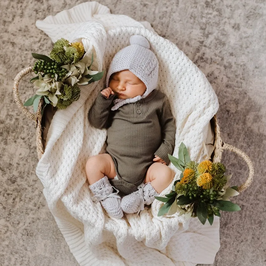 Grey Merino Wool Bonnet & Booties