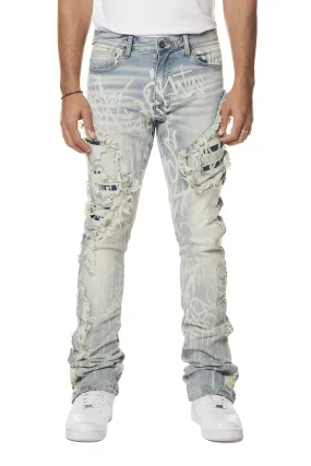 Heavy Rip & Repair Doodle Stacked Denim Jeans - Nassau Blue