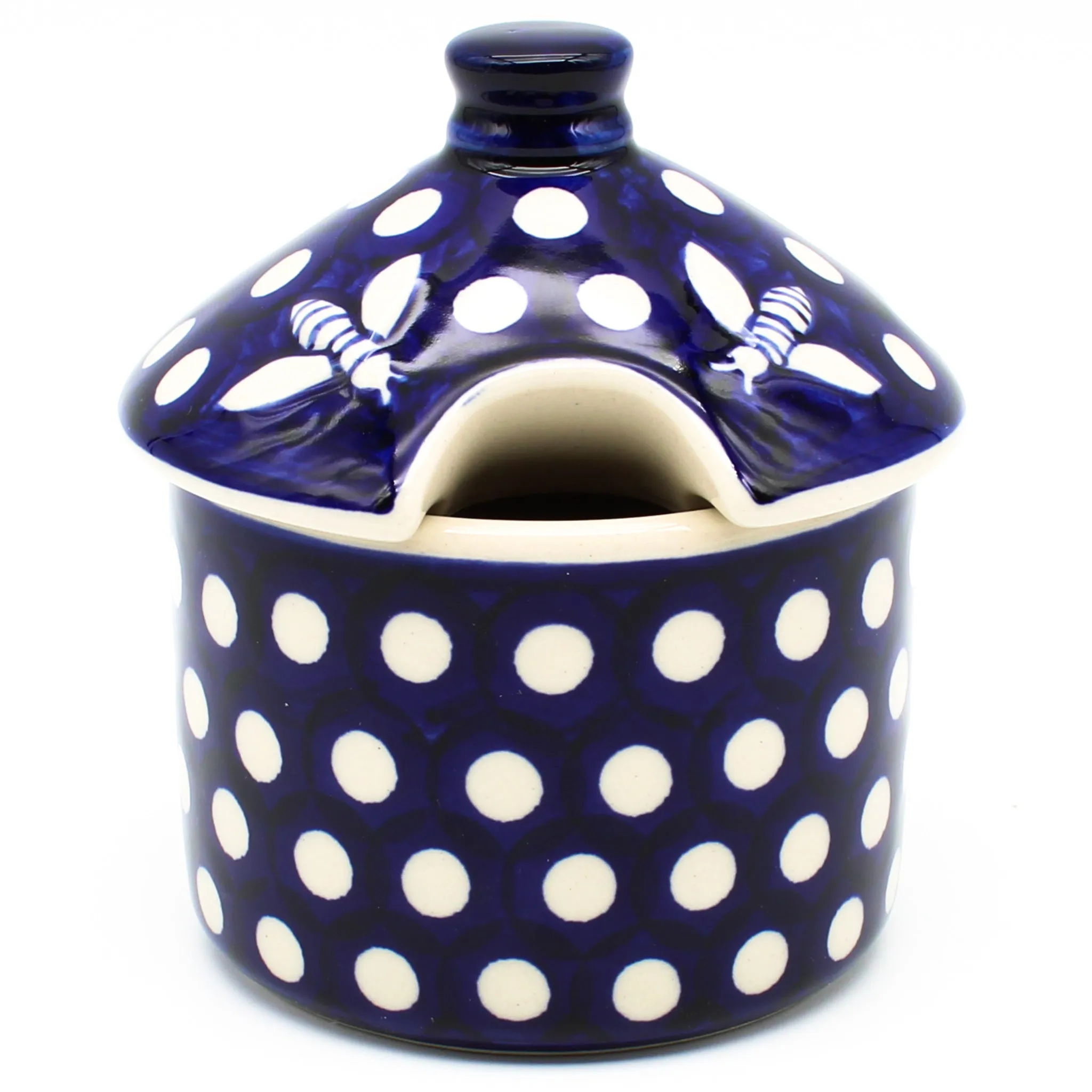 Honey Jar w/Cover in White Polka-Dot