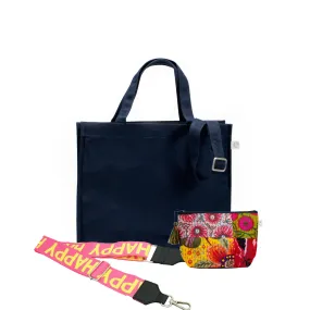 Navy Magazine Bag with Yellow/Pink HAPPY Strap & Bright Multi Boho Makeup Bag (Only $64, plus a FREE Strap   Makeup Bag with code: FALL64)