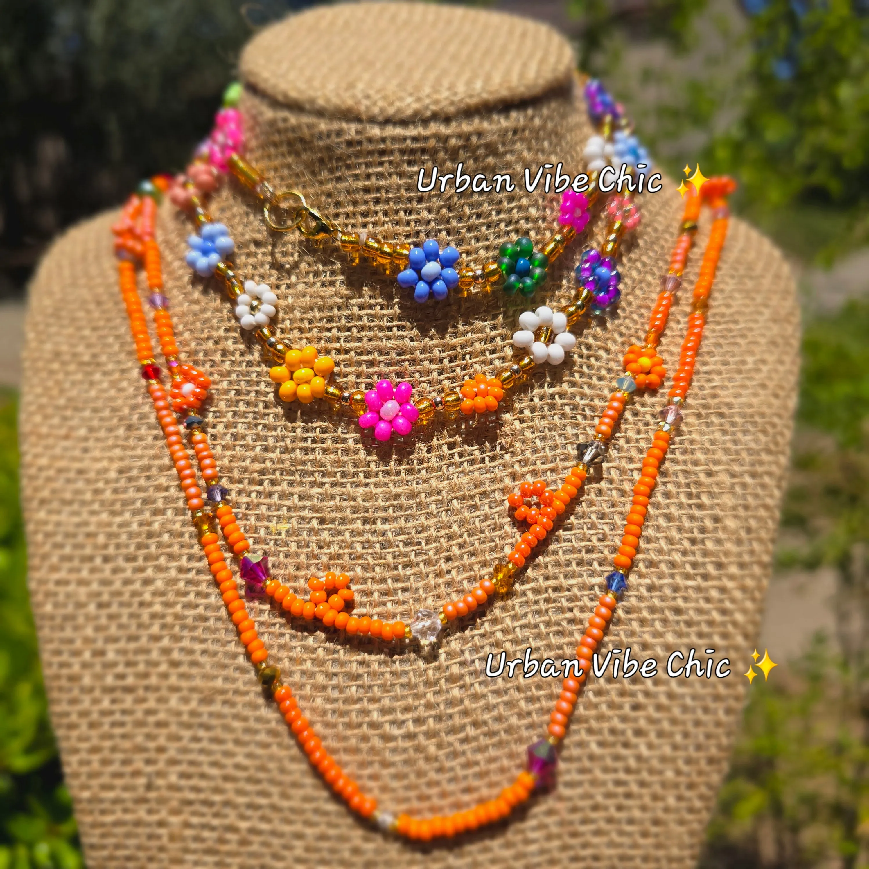 Orange Dream Daisy Beaded Necklace |Flower Bead Bead Necklace | Urban Vibe Chic | Seed Bead Jewelry