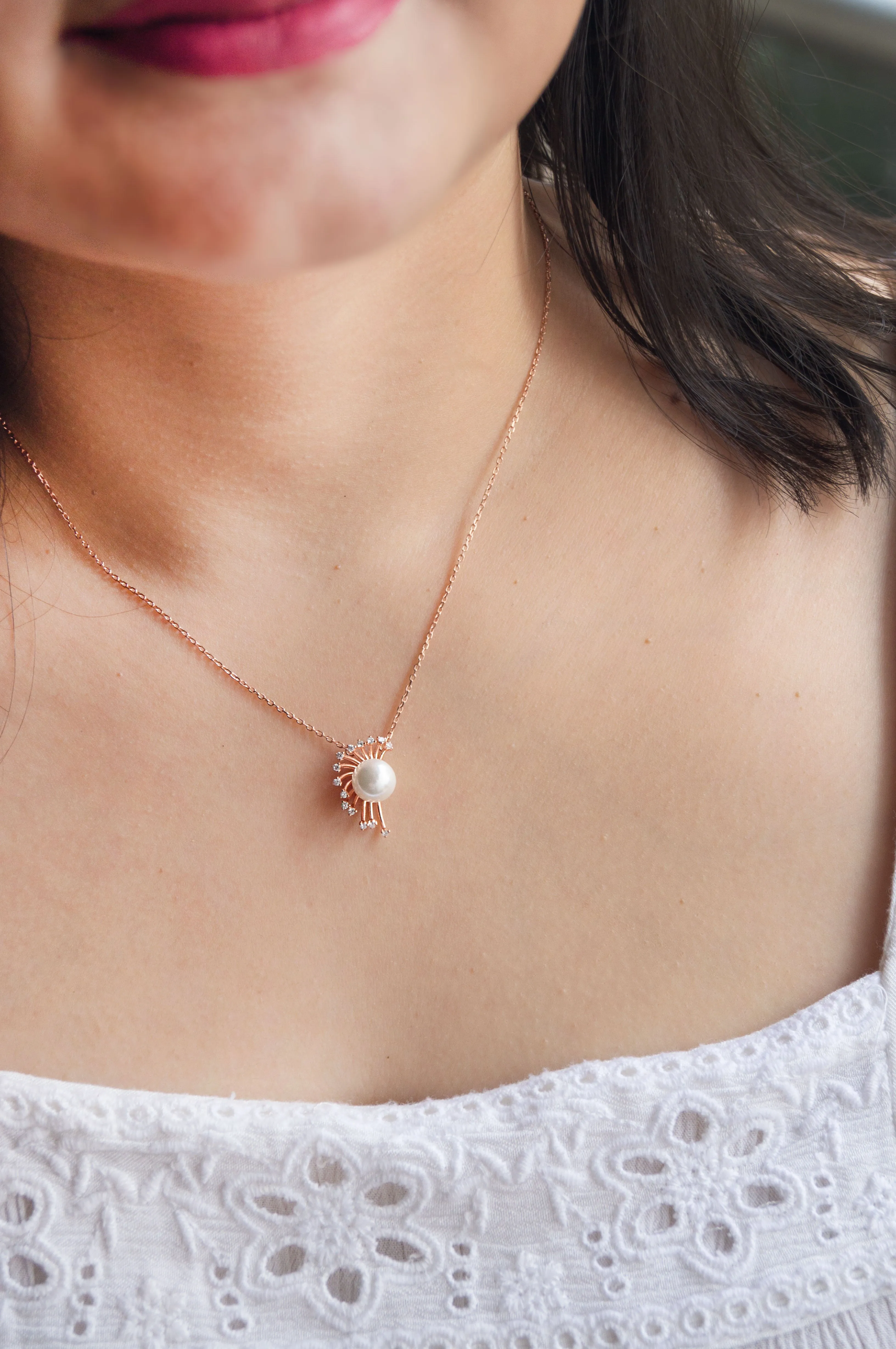 Pearl Starburst Rose Gold Plated Sterling Silver Chain Necklace