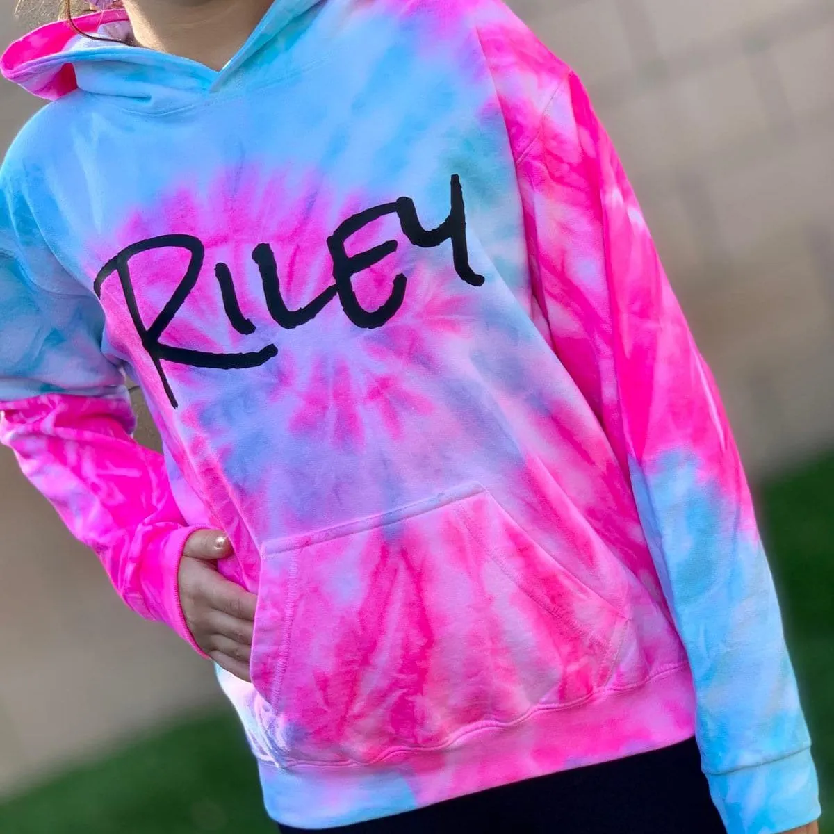 Personalized Neon Tie Dye Fleece Pullover Hooded Sweatshirt - Pink/Mint