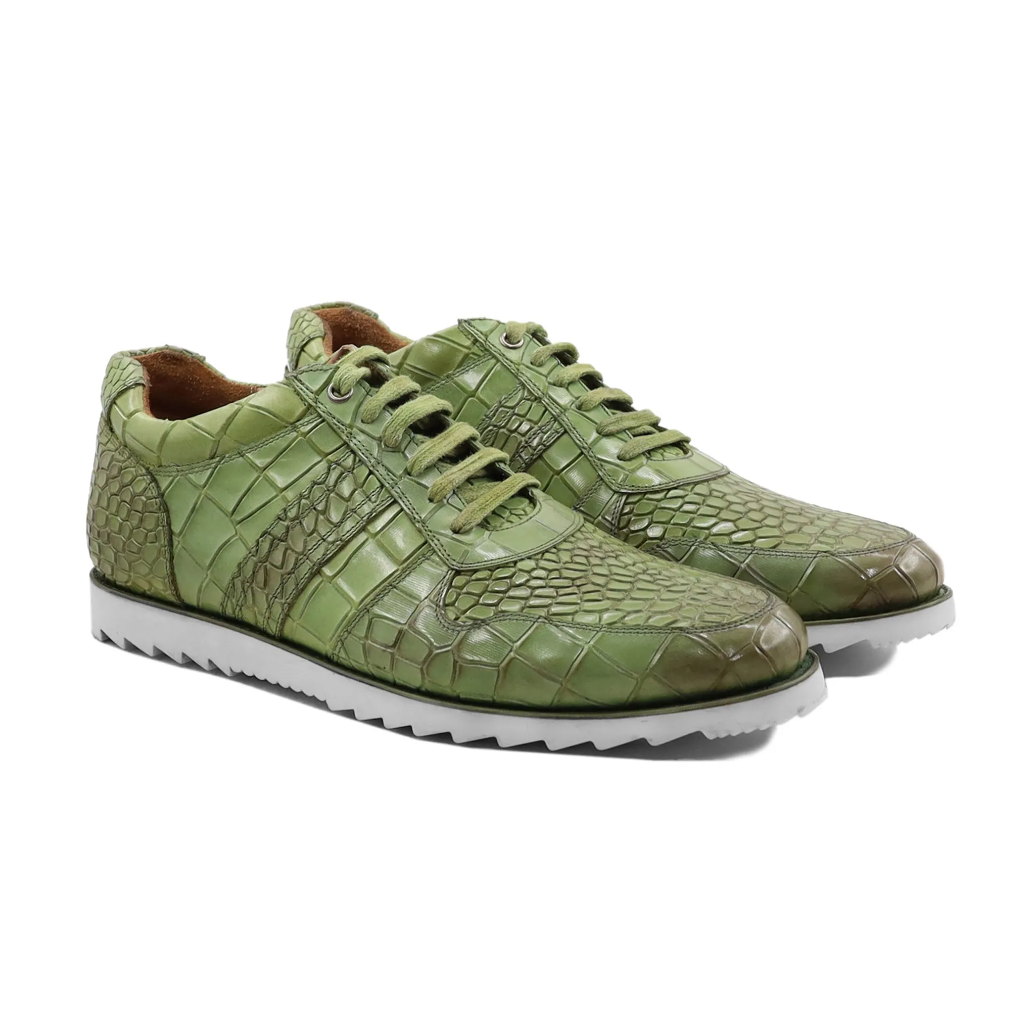 Rattenberg - Men's Light Green Crocodile Printed Calf Leather Jogger