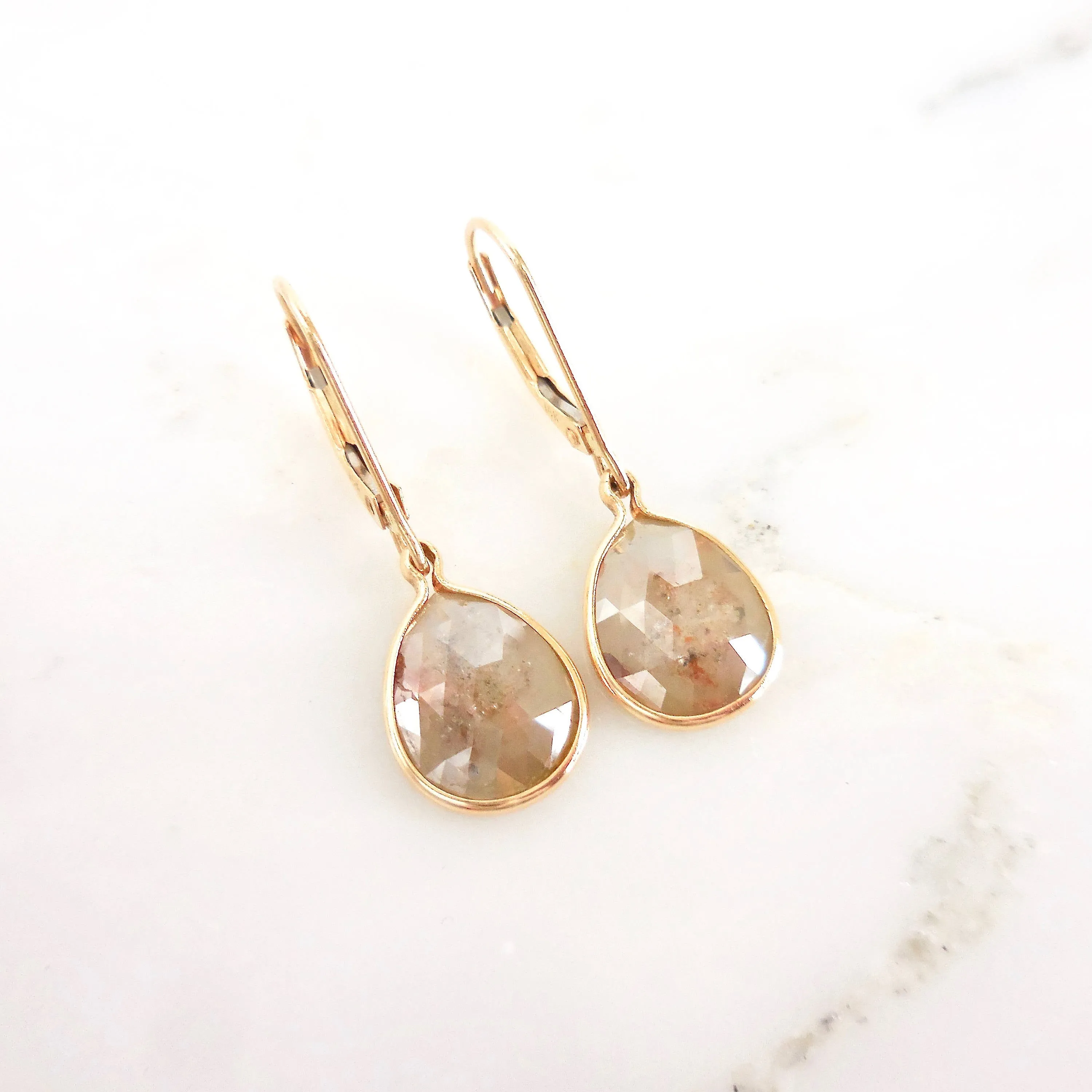 Rose Cut Diamond Earrings - Pear Rose Cut Diamond Dangle Earrings - Women's Rustic Diamond Earrings