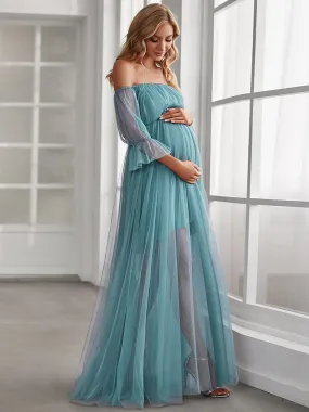 Sheer Off-Shoulder Double Skirt Maxi Maternity Dress