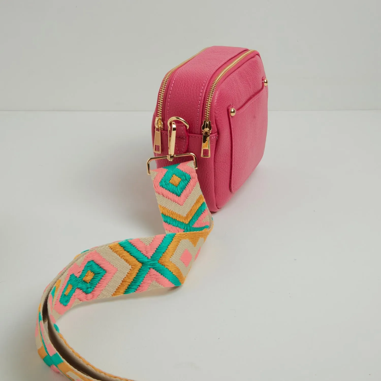 Sienna Crossbody Bag in Fuchsia Pink with Mustard and Pink Bohemian Strap