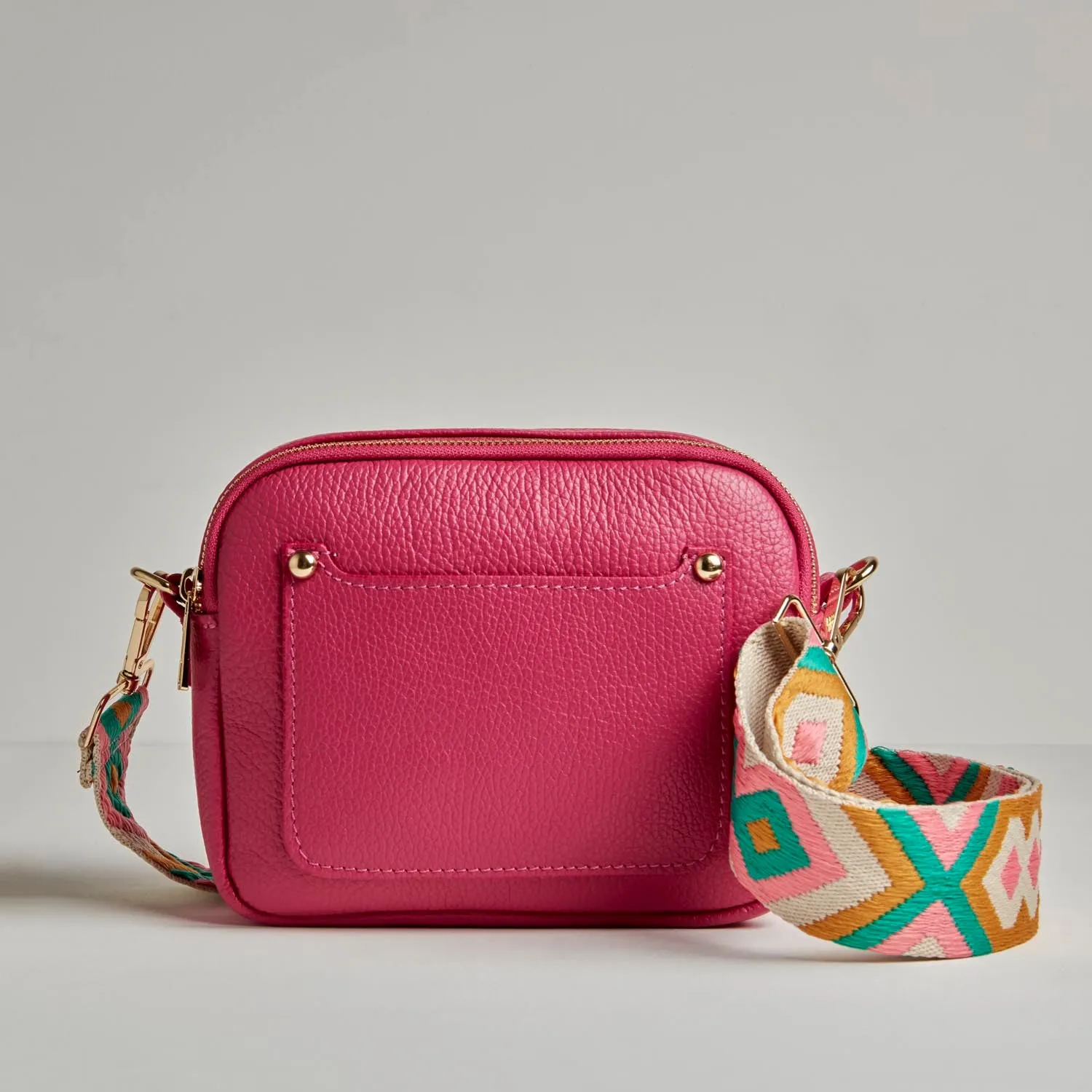 Sienna Crossbody Bag in Fuchsia Pink with Mustard and Pink Bohemian Strap