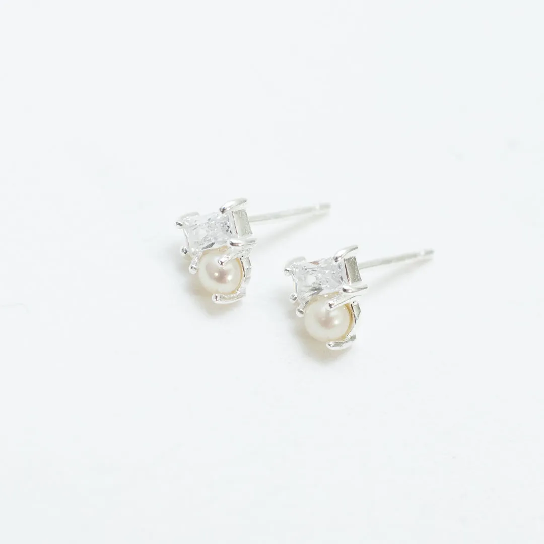 Silver CZ Baguette & Pearl Studs