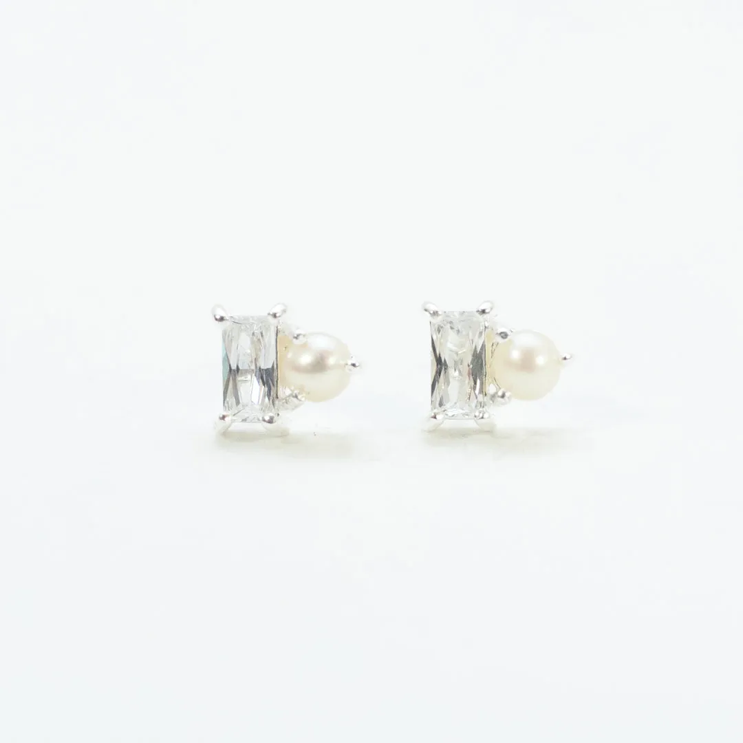 Silver CZ Baguette & Pearl Studs