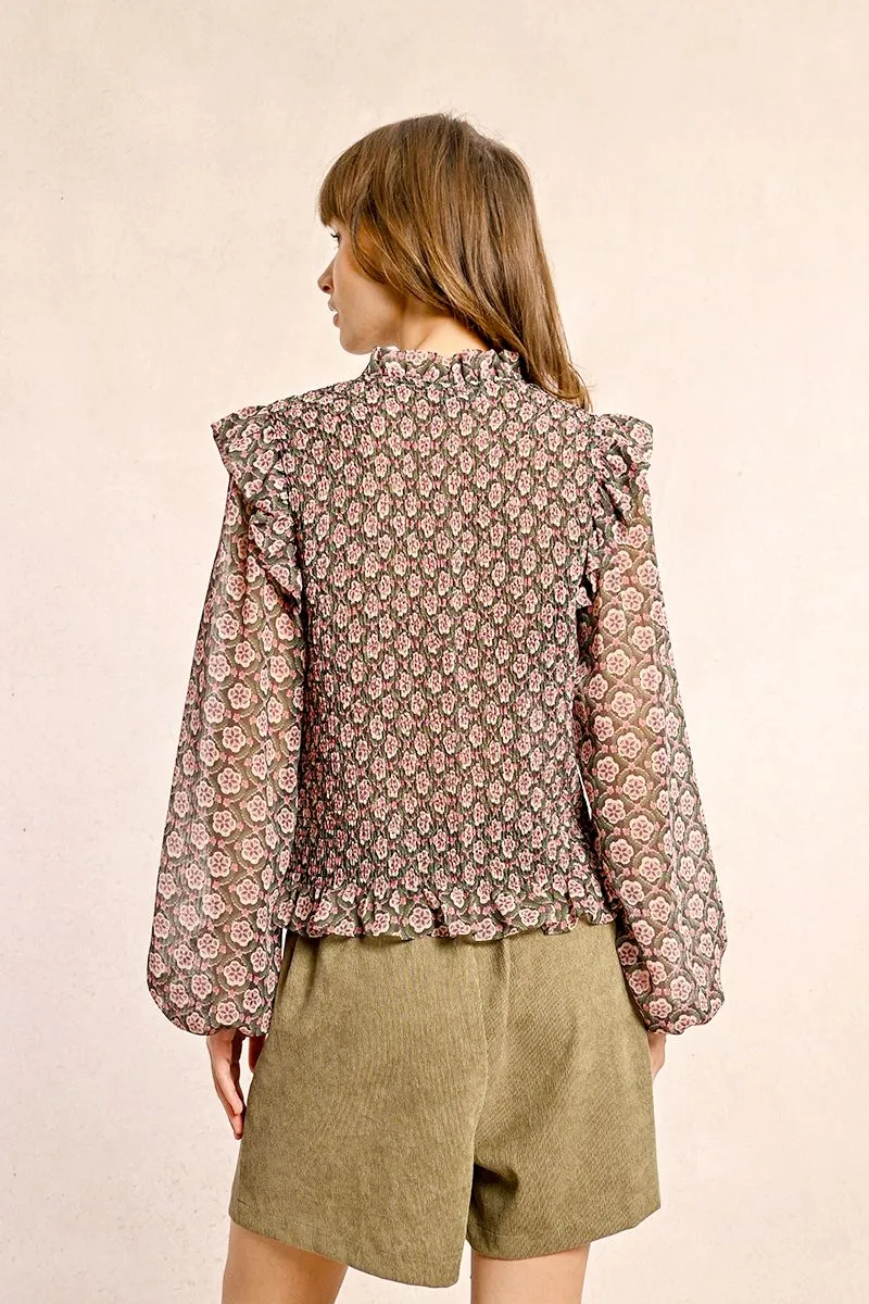 Smocked Flower Print Blouse