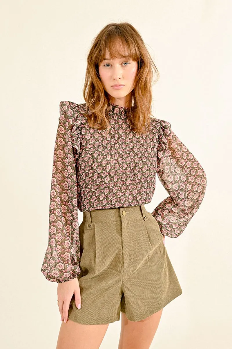 Smocked Flower Print Blouse