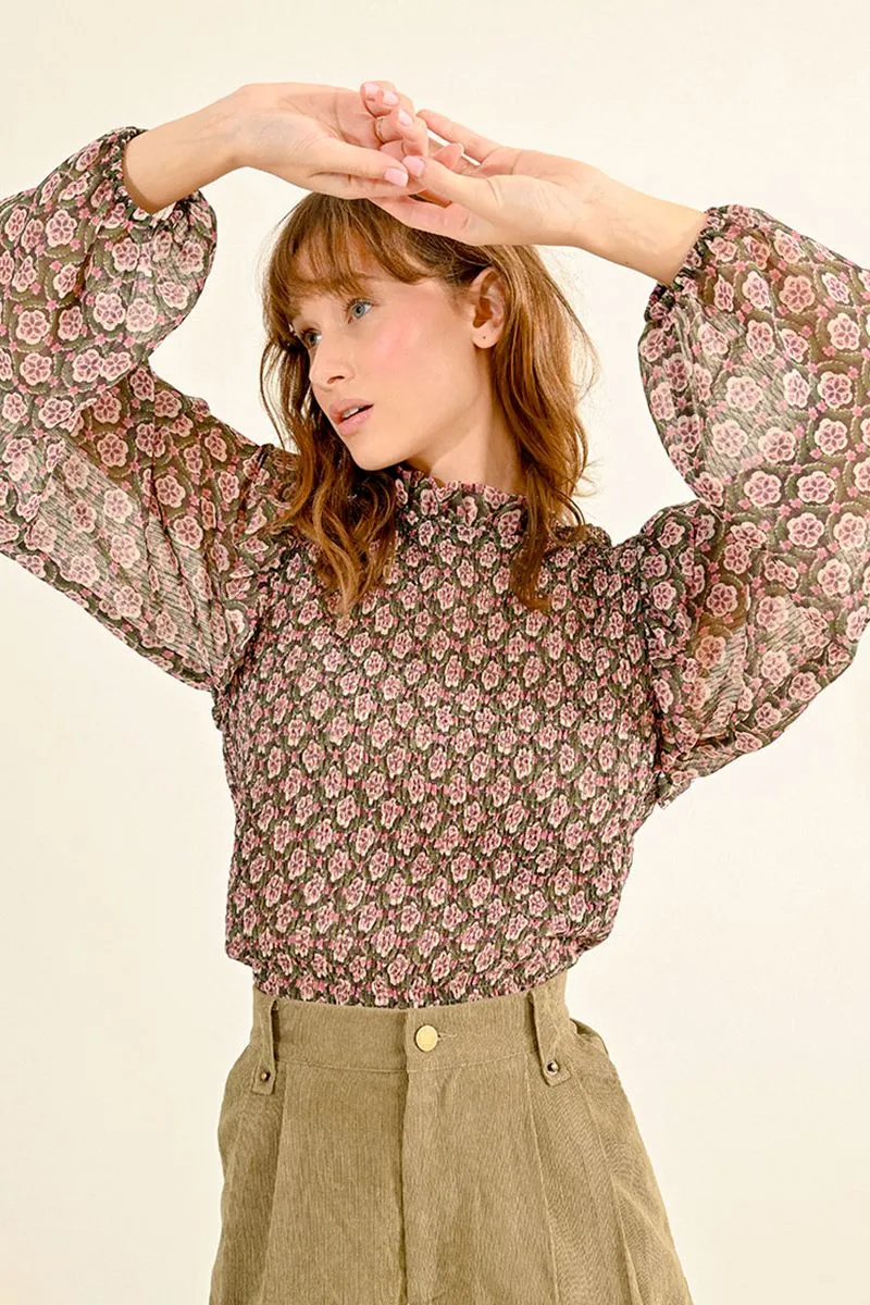 Smocked Flower Print Blouse