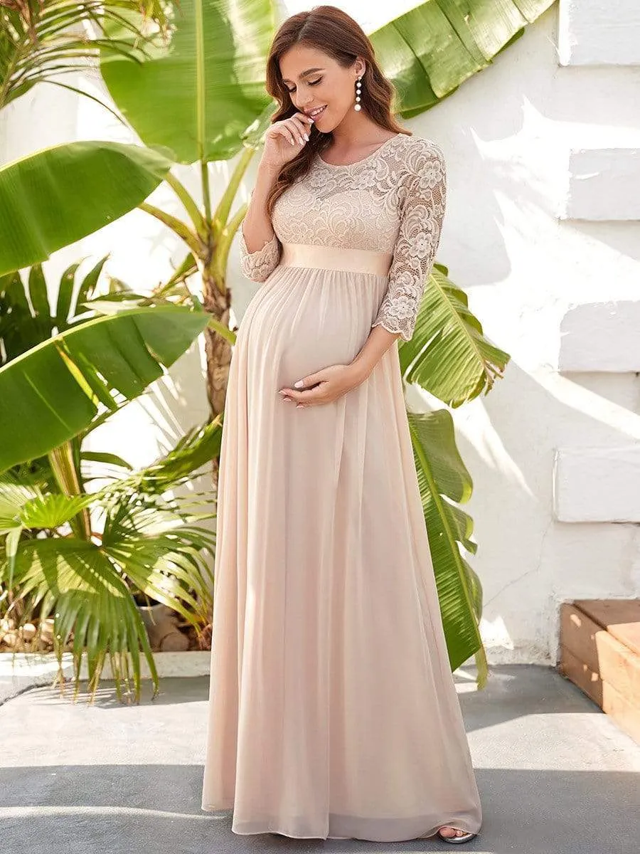 Sweetheart 3/4 Sleeve Floor-Length Lace Maternity Dress