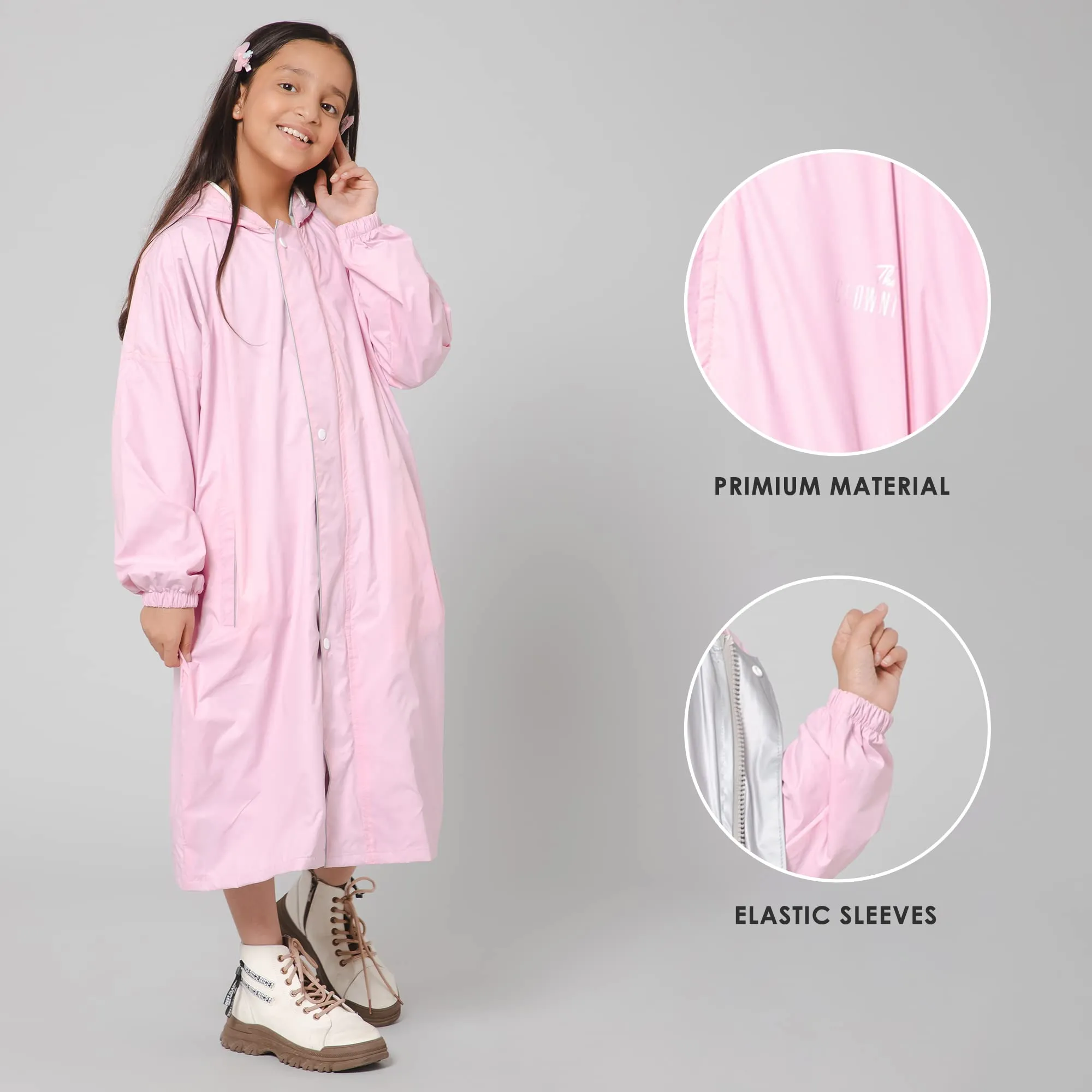 THE CLOWNFISH Cloud Chaser Series Kids Raincoat Waterproof Polyester Double Coating Reversible Longcoat with Hood and Reflector Logo at Back. Printed Plastic Pouch. Kid Age-11-12 years (Blush Pink)