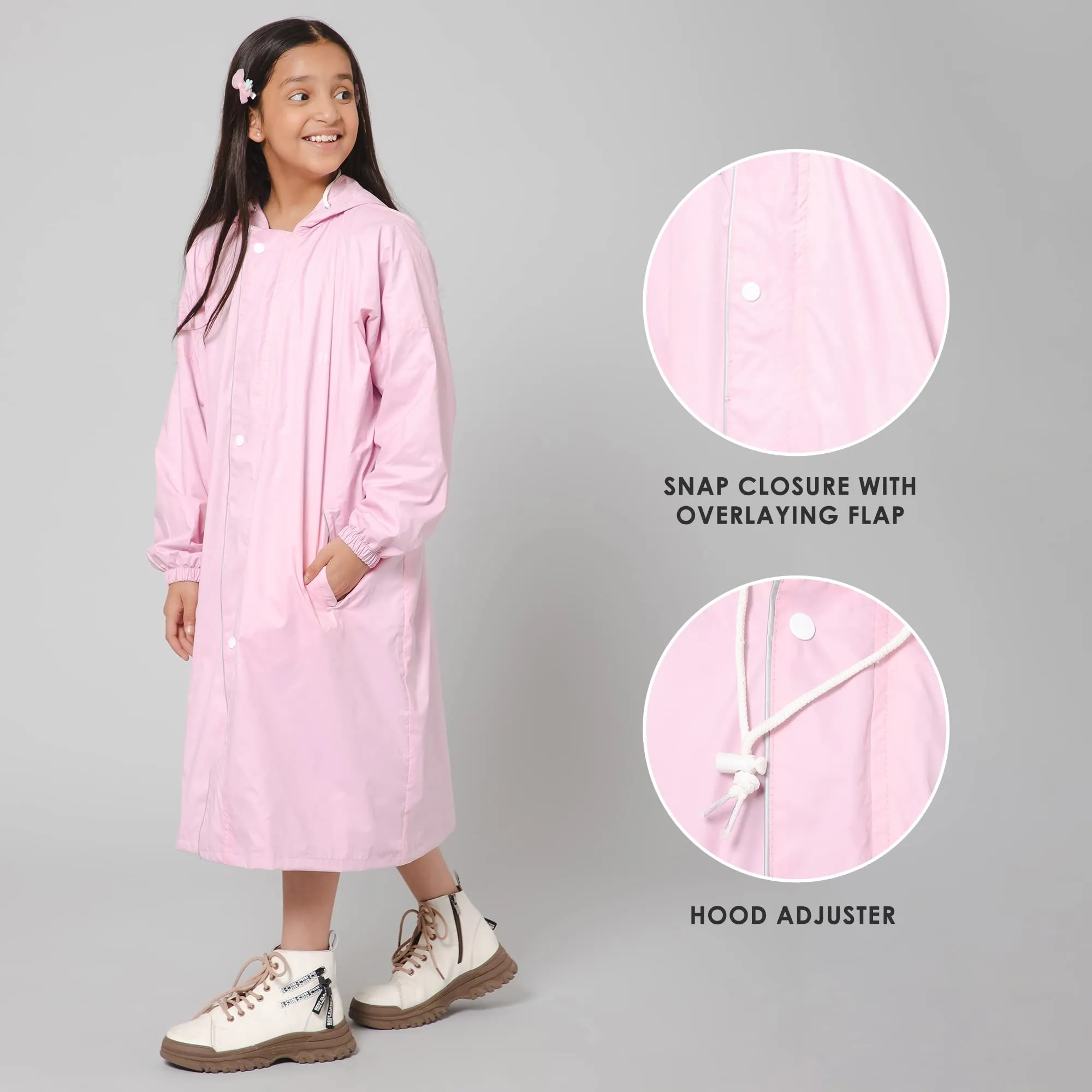 THE CLOWNFISH Cloud Chaser Series Kids Raincoat Waterproof Polyester Double Coating Reversible Longcoat with Hood and Reflector Logo at Back. Printed Plastic Pouch. Kid Age-11-12 years (Blush Pink)